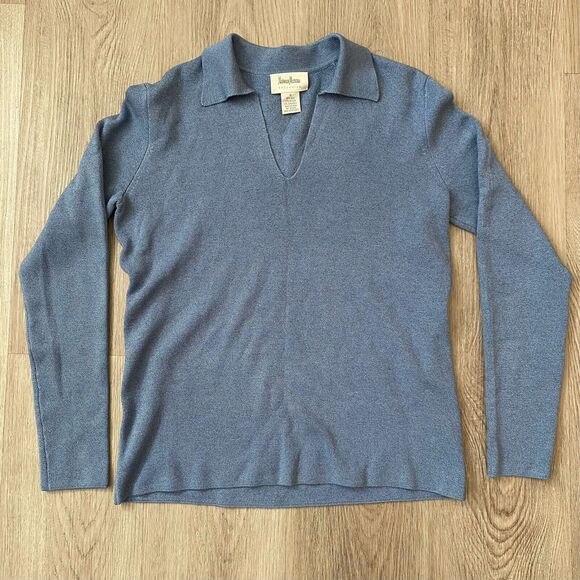 Neiman Marcus Exclusive Silk Blend Long Sleeved Collared Blue V-Neck Sweater S - Picture 1 of 7